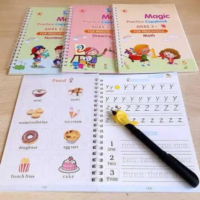 Magic Practice Copybook Set for Kids (4 Books + 20 Refills + 2 Pens + 2 Grips) New