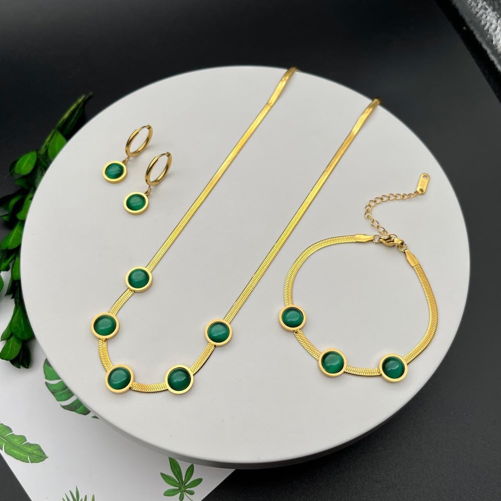 Oval Green Crystal Pendant Necklace Set